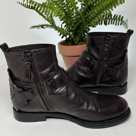 Tory Burch Colton Flat Leather Bootie Dark Brown logo Size 6 - Picture 9 of 15